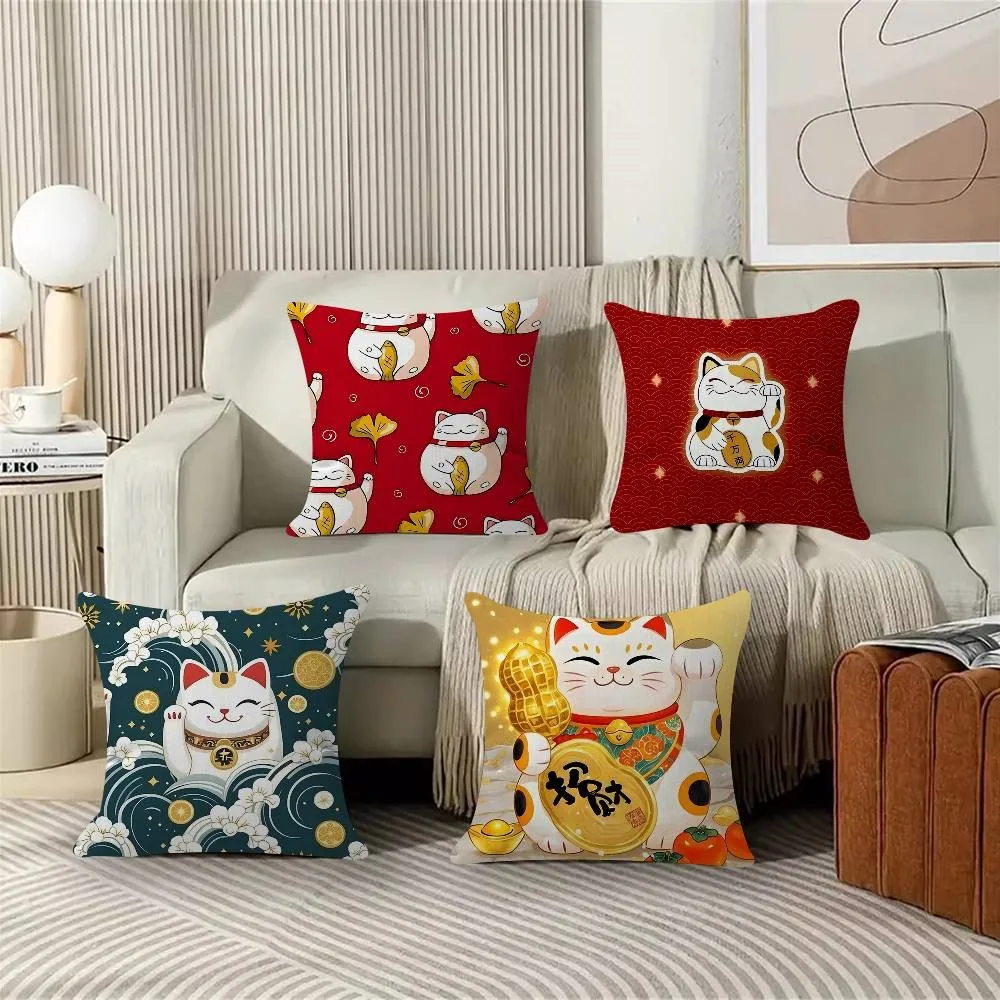 1Pc Personalized Lucky Money Cat Pattern Throw Pillow, Double-Sided Printing Design, Soft Plush Cushion with Insert,Perfect Gift