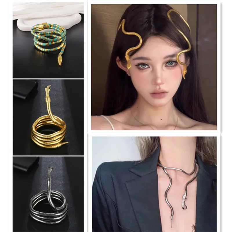 

Retro Adjustable Serpentine Punk Multilayer Metal Alloy Gold Black Color Cool Bendy Snake Necklace Bracelet Headband