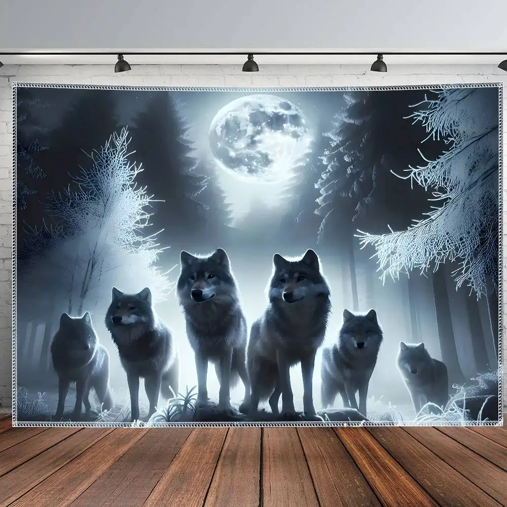 VIKAMA Wolf King Moonlit Forest Tapestry Full Moon Nordic Style Living Gaming Streamer Men's Room Decor