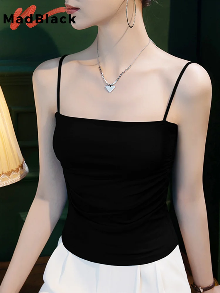 

MadBlack European Clothes Sling Tank Tops Ladies Sexy Solid Tube Top Padded Bra Slim Camis Tops Bralette Vest Summer T35675M