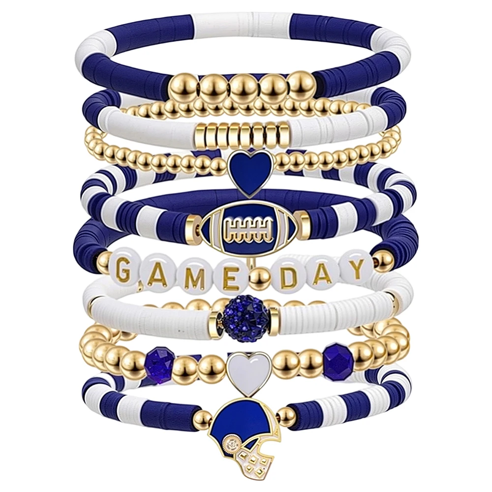 8 Pack Game Day Football Stackable Stretch Bracelet Dark Blue White Rubgy Sport Gold Spacer Heishi Beaded Stylish Sports