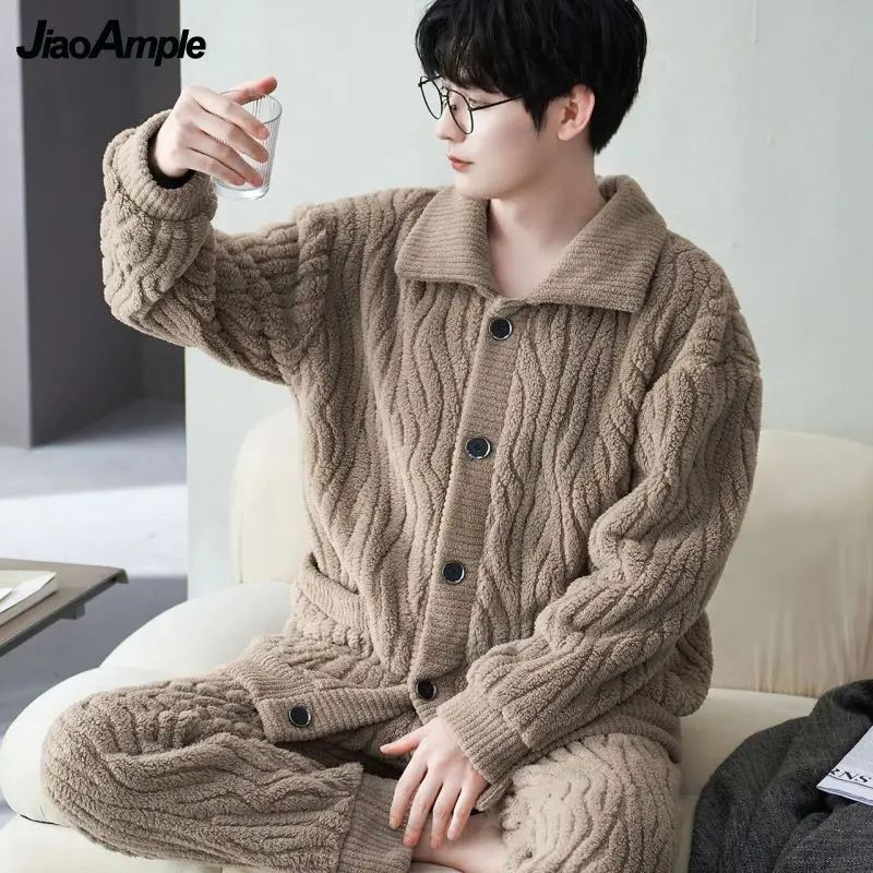 Men's Winter Warm Pajamas 2022 New Loose Thickened Flannel Pyjamas Sleepwear Two-piece Set Korean Fashion Pijamas Homewear Suit