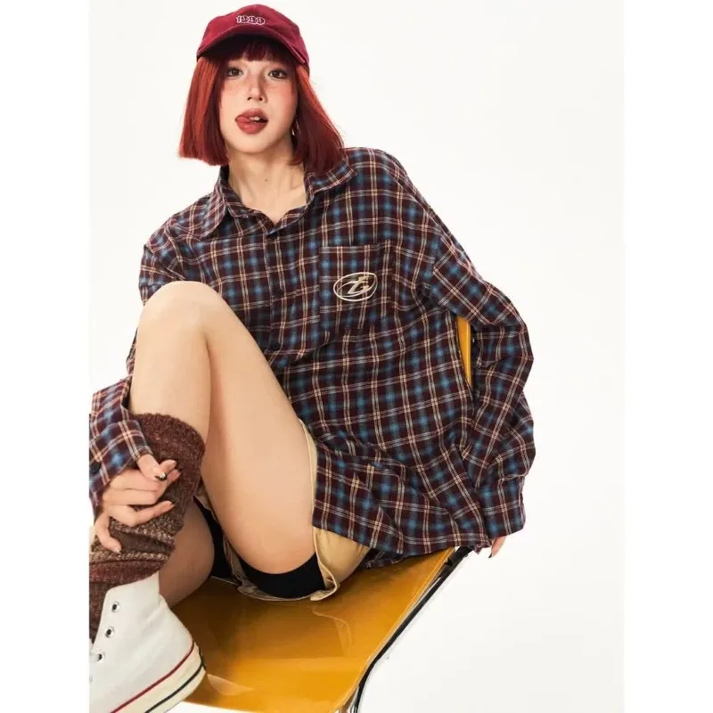 

American High Street Korean Popular Clothes Long-sleeved Workwear Traf Plaid Shirt Retro Designer Style Trendy Brand Shirts