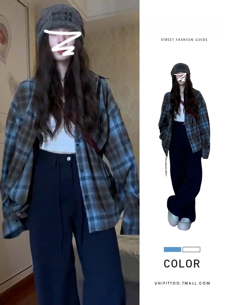 

Сине-коричневый клетчатый мужской слинг в Корейском стиле ранней осени, светлый матури, американский ретро-ильт, свободный крой, длинный све, дышащий