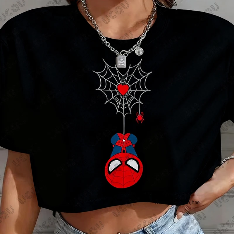 

2026 New Spider-Man Print T-shirt For Women Summer Short Sleeve Crop Top Streetwear O-neck Tees Casual Tees Sports Y2k Tops