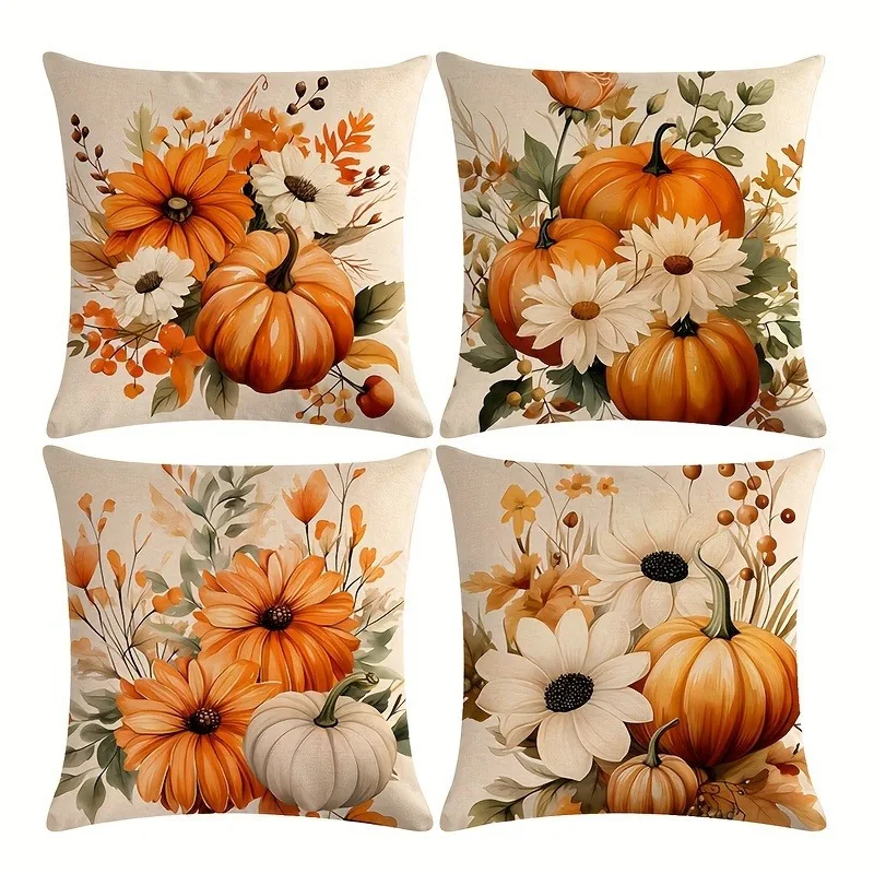 4 Pack Vintage Fall Pillow Covers, Sunflower Pumpkin Harvest Print, Zipper Closure, Machine Washable for Sofa Home Decor
