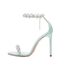 Sandali con tacco avvolgente in cristallo azzurro per donna copriscarpe tacco sottile décolleté di lusso 2022 Funky Casual Party Peep Toe scarpe estive