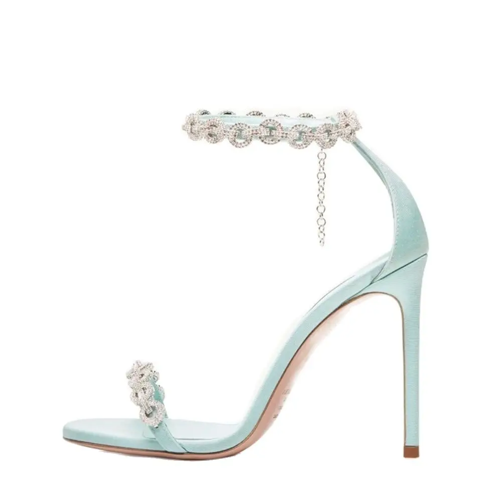 Light Blue Crystal Wrap Heels Sandals For Women Cover Heel Thin Heel Luxury Pumps 2022 Funky Casual Party Peep Toe Summer Shoes