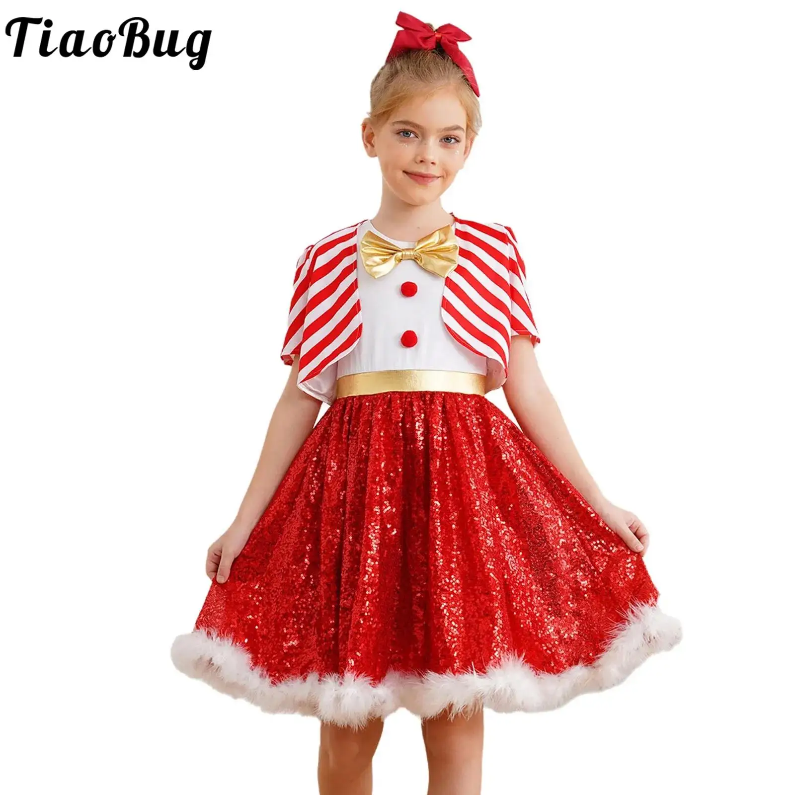 

Sequins Christmas Dance Dress for Girls Candy Cane Striped Tutu with Coat Party Outfits Ballet Figure Skating Gymnastics Leotard