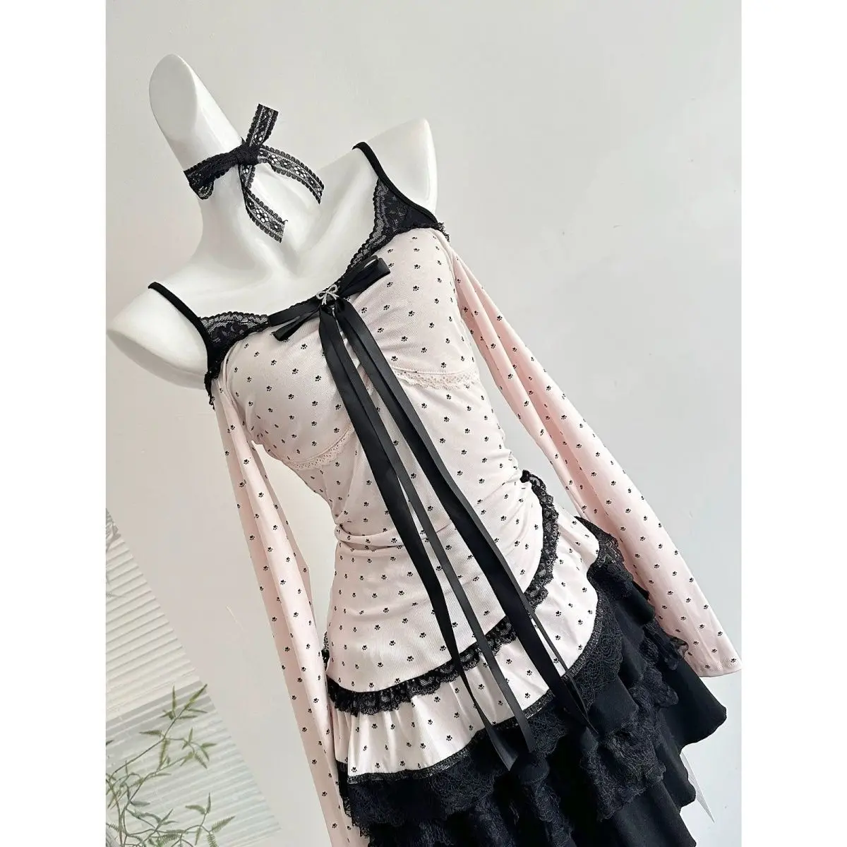 Y2k Polka Dot Long Sleeve Top + Strap Black Dress Two-Piece Set Women Sweet Japanese Vintage Bodycon Lace Bow Spring Summer image 3
