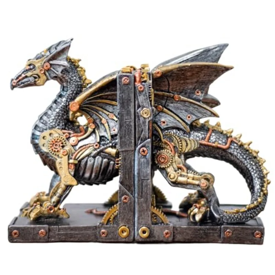

Large Steampunk Fantasy Dragon Statue, Decorative Bookends for Heavy Books, Unique Book Ends Decor for Shelves.