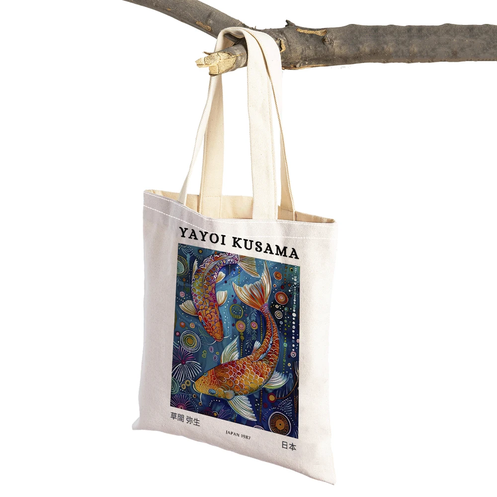 Japan Yayoi Kusama Dot Fish Flower Lady Shopping Bags Double Print Shopper Bag Women Shoulder Tote Daily Use Supermarket Handbag