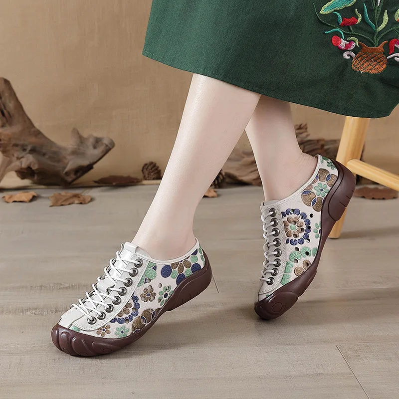 Xiuteng Printed Genuine Leather Hollowed Shoe With Breathable Holes For Woman Sandals Casual Sneakers Flats