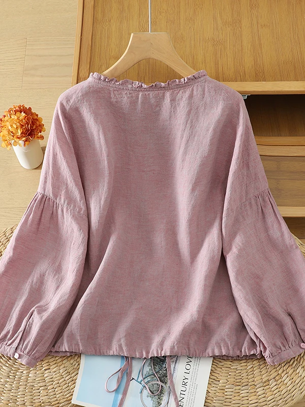 Washed Linen Shirt Large Size Women's Fashion Ear Look Collar Drawstring Hem Corded Lace Neck Top Autumn Color Weave Commute ...