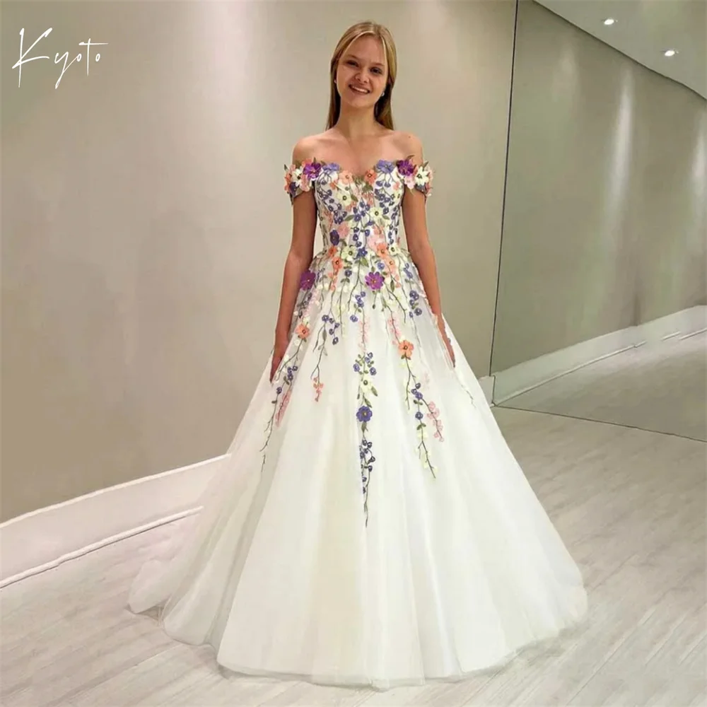 

Kyoto White Floral Appliques Wedding Dresses Off Shoulder A-line Customized فساتين سهرات Lace-Up vestido de gala noche mujer
