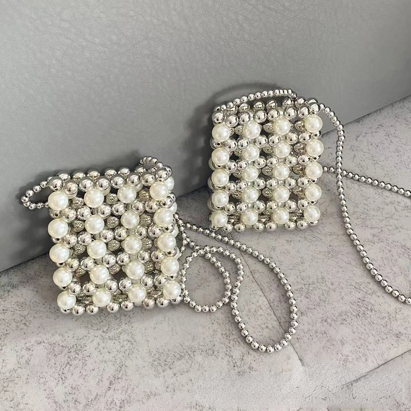 Metal Style Purses for Women Small Phone Flap Crossbody Bag DIY Pearl Woven Wallet Shoulder Bag Girls Coin Pouch Handbag