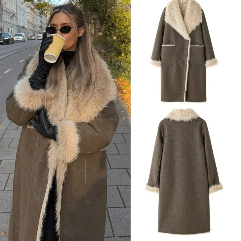 

2025 Autumn Winter Women's Faux Fur Long Coat | Thick Warm Turn Down Collar Jacket | Y2K Streetwear Fashion Work Outerwear