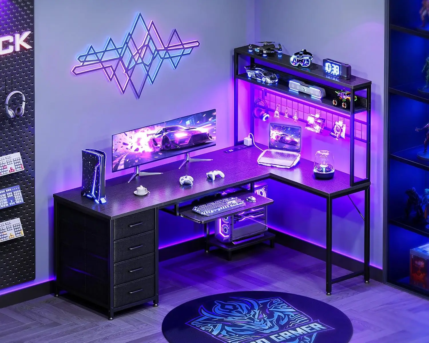 

Компьютерный стол с 4 ящиками, игровой стол с LED-подсветкой и розетками, компьютерный стол с перфорированной панелью, на заказ