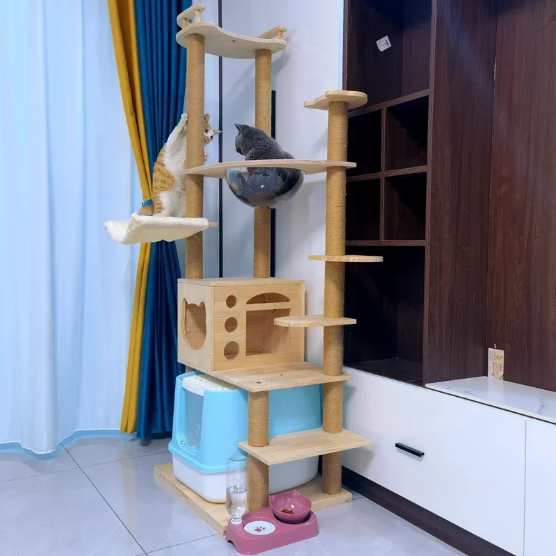 All solid wood pine cat climbing frame, large-scale cat tree jumping platform integrated villa yellow sisal multi-layer