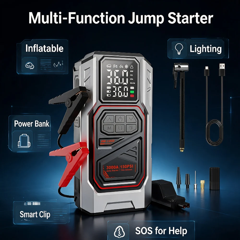 4-in-1-Auto-Starthilfe mit Luftkompressor, 4000 A Spitzenleistung, Autobatterie-Booster, 150 PSI-Luftpumpe, tragbarer Powerbank, Reifenfüller – Detail 4