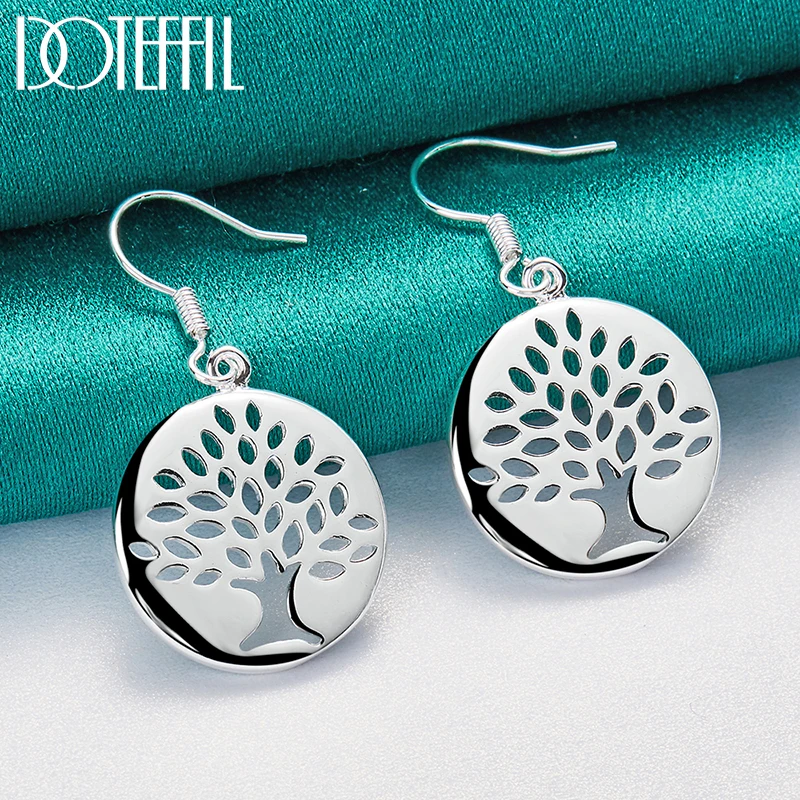 DOTEFFIL 925 Sterling Silver Circle Tree Drop Earring Charm For Woman Jewelry Fashion Wedding Engagement Party Gift