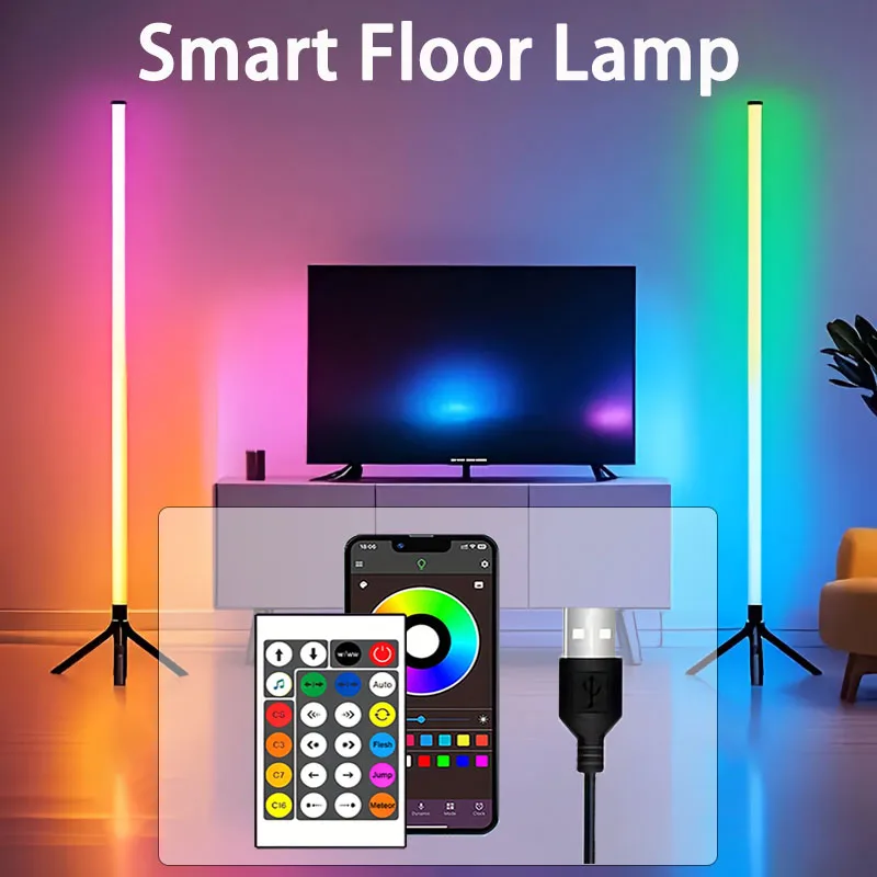 Smart RGB LED Floor Lamp RGB Tube Light Bar With APP And Remote Control Music Sync For Living Room Bedroom Game Rooms Decor