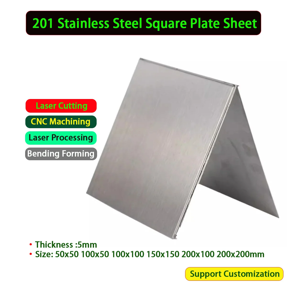 

201 Stainless Steel Square Plate Sheet Thickness 5mm Size 50x50 100x50 100x100 150x150 200x100 200x200mm