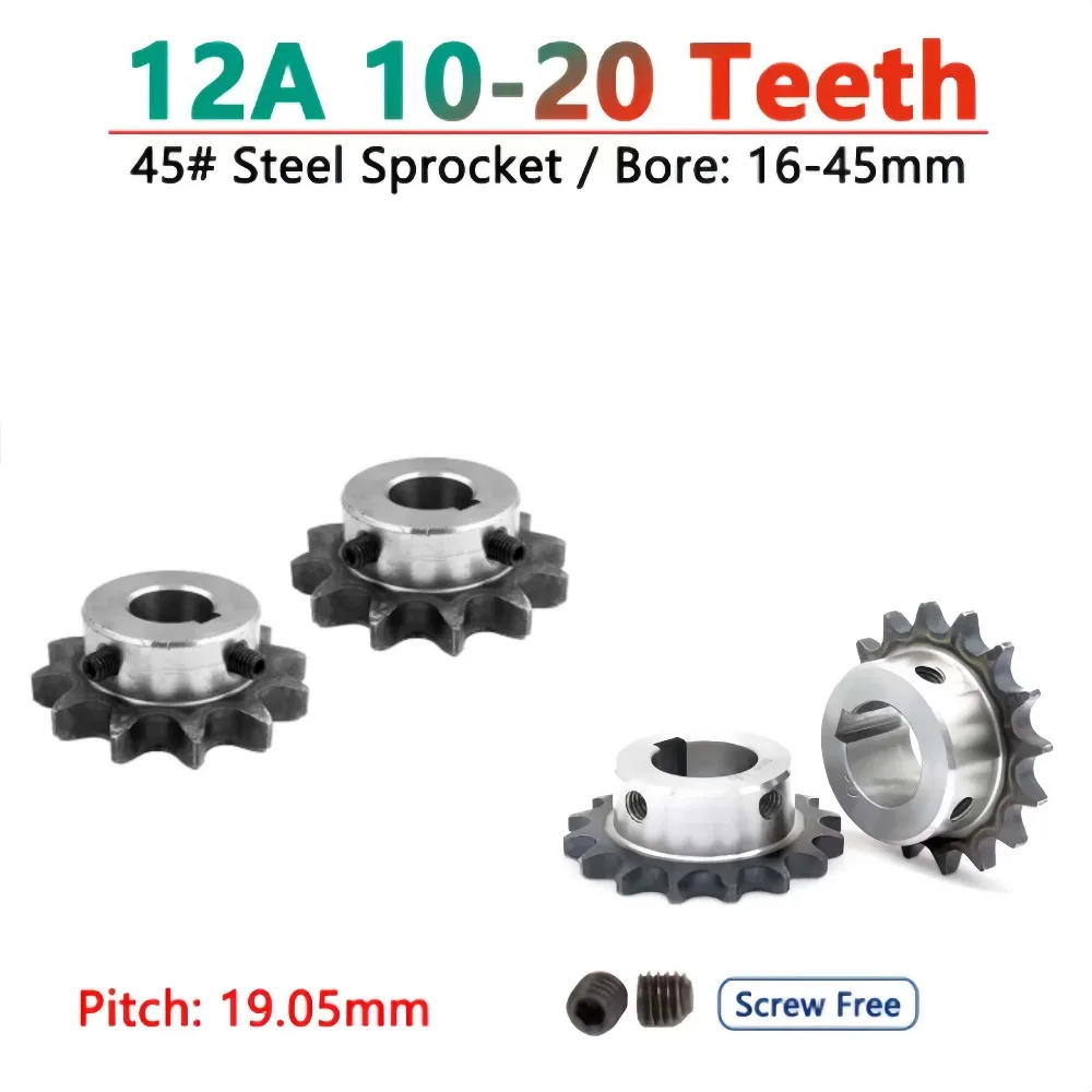 1pcs 12A Industrial Drive Sprocket Wheel 45# Steel Chain Gear 10 11 12 13 14 15 16 17 18 19 20 Teeth Keyway Bore 16mm To 45mm