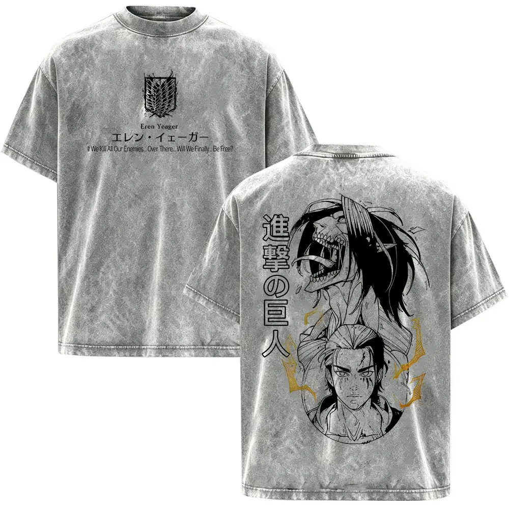 Vintage Washed Attack on Titan Anime T-Shirt für Männer, Neues Manga Eren Yeager Grafik-T-Shirt, Lässiges Baumwoll-Kurzarm-T-Shirt für Herren – Detail 6