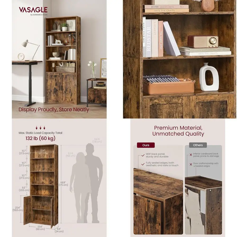 6-Tier Tall Rustic Brown Bookshelf, Open Storage for Living Room, Home Office, Dining Room, 9.4x23.6x68.9 ULBC402K01