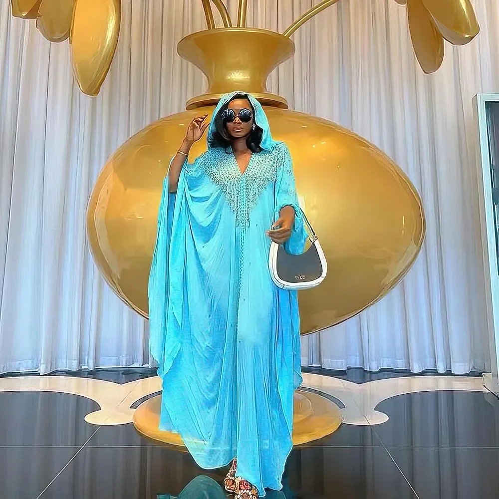 

2025 African Dresses for Women Beaded Hooded Ankara Dashiki Africa Clothing Loose Boubou Robe Dubai Abaya Kaftan with Inner Set