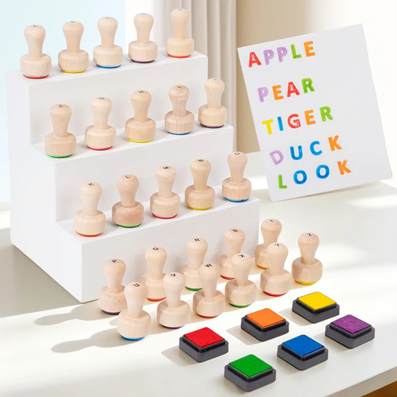 26 Pieces Wooden Alphabet Stamps for Kids Gift Word Spelling Uppercase Letter Learning Toy Educational Toy Wood Letter Stamp Set - view 5
