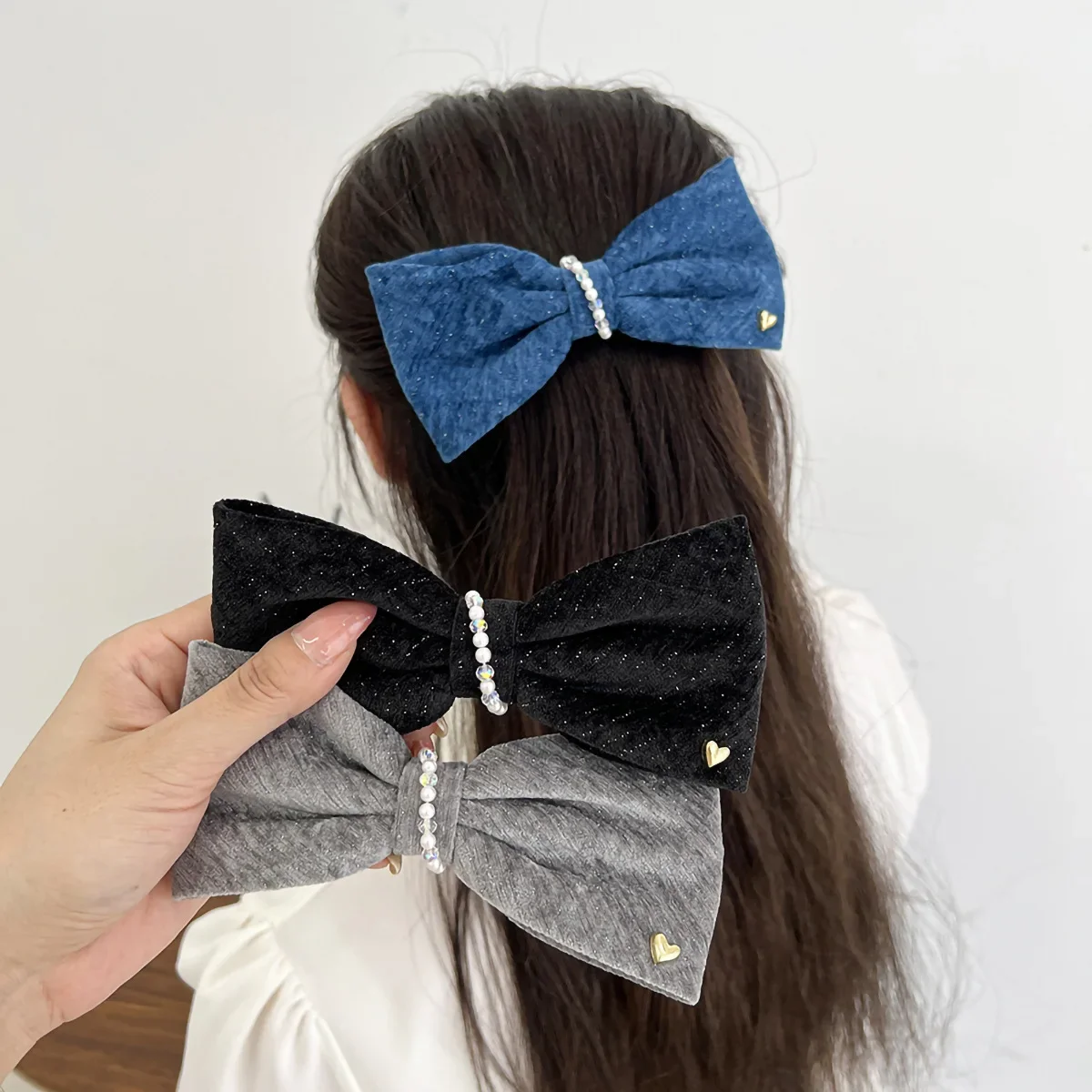 

Korean Hair Accessories Fabric Flash Point Bow Clip Imitation Pearl Spring Temperament Women's
