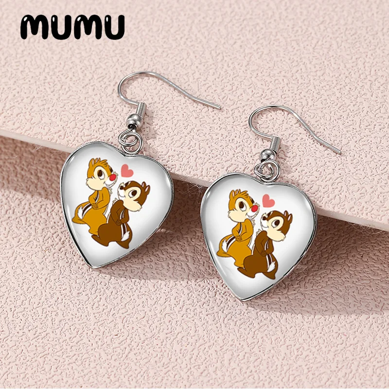 2024 New Chip and Dale Dangle Earring Heart Shaped Earrings Handmade Glass Dome Jewelry Gifts Fans