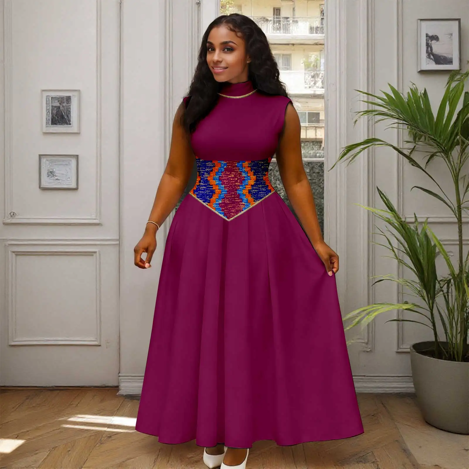 Afripride Dashiki Women's Dresses Tailored Stand collar Sleeveless Floor-Length Casual Party Patchwork Dresses 2625006