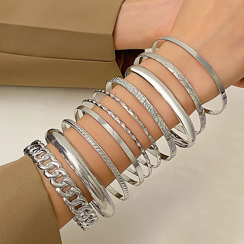 10 Pieces Metal Bangles Set For Women Heavy Style Punk Textured Trendy Fashion Jewelry Classic Holiday Accessories Gifts 2023432