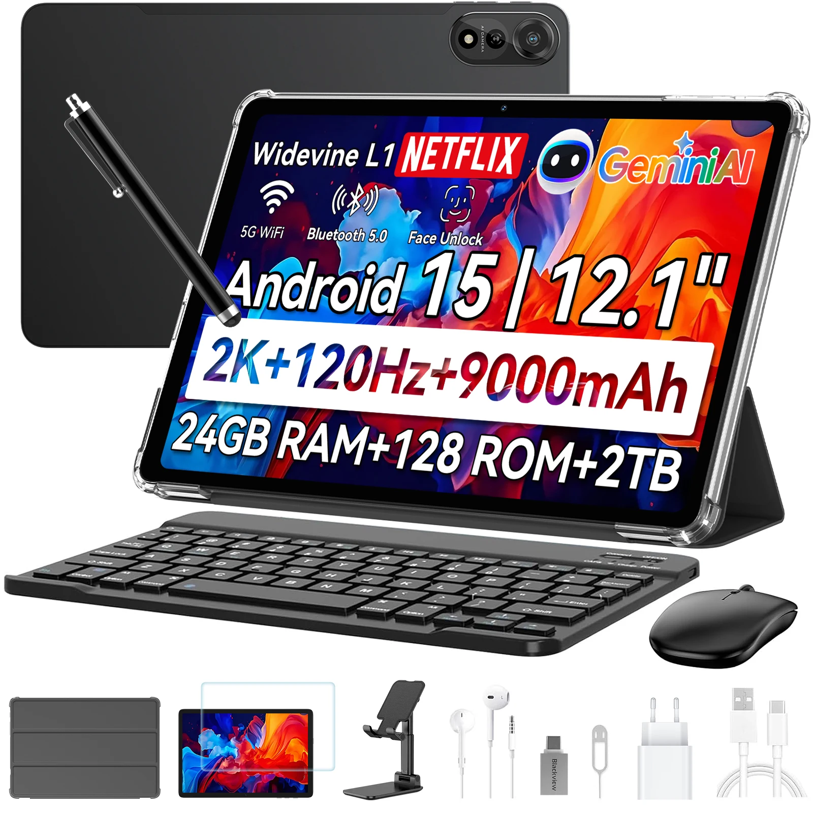 Blackview MEGA 2 Tablet PC Set With Keyboard, Mouse, Stylus, 12'' 2K Display 12GB+24GB RAM 256GB ROM, Android 15 Tablet, 9000mAh