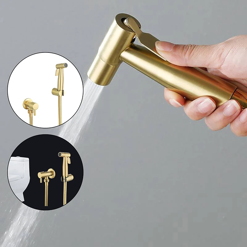 Gold Feminine Brushed Toilet Cleaning Bidet Spray Gun, Wc Shower Head Douche Handheld Hose, Muslim Sanitary Wall Holder, Bathr