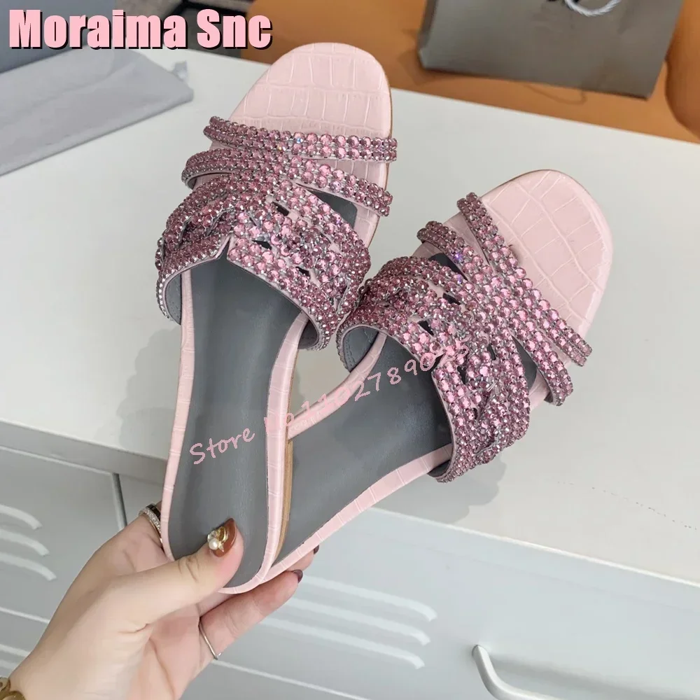 Luxury Crystal Round Toe Slippers Flat With Clip Toe Fashion Casual Outdoor Women's Shoes Summer Beach Pink Solid 2026 Newest