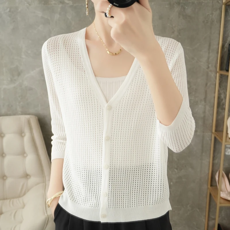 Sunscreen Cardigan Women's Seven Points Sleeves Breathable Hollow Thin Small Jacket 22 Spring Summer V-Neck Ice Silk Knitted Top