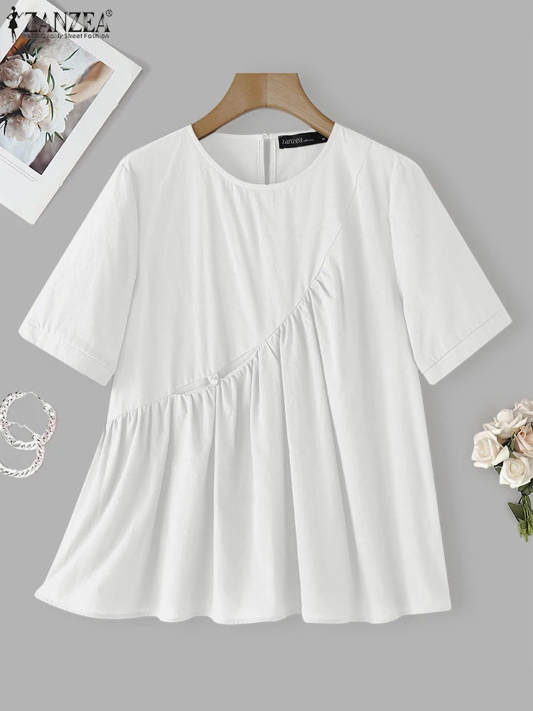 

ZANZEA 2025 Women Asymmetric Blouse Vintage Cotton Tops Casual Loose Pockets Pullovers Short Sleeve Solid Color Tunic Oversized