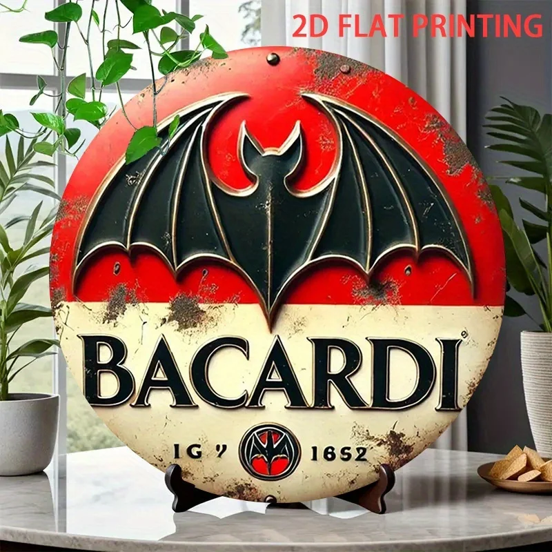 Letrero de hojalata redondo vintage rústico plano 2D, 1 pieza, 20,32x20,32 cm, diseño de logotipo de Bat Bacardi con agujeros preperforados, rojo desgastado y Bla