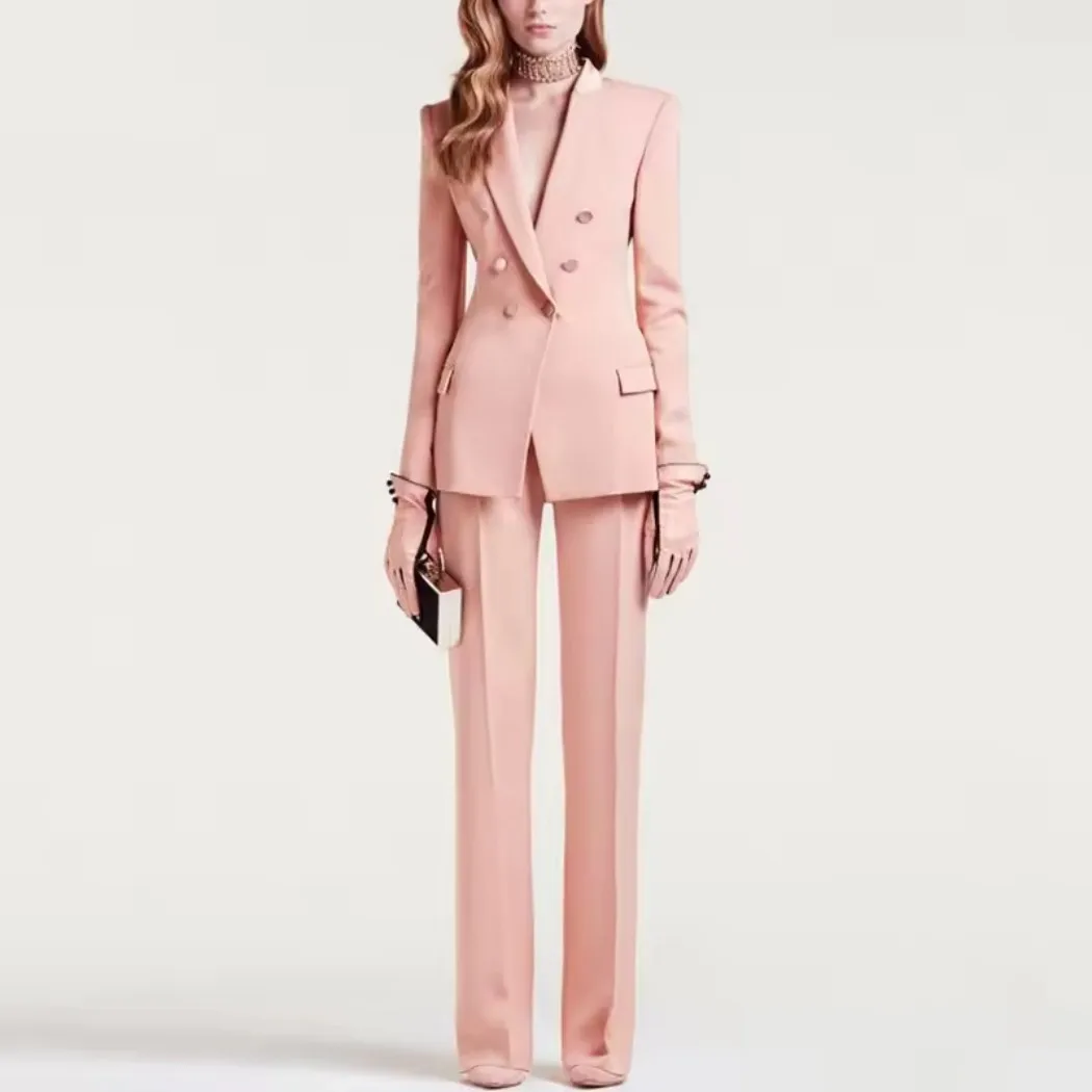2026 Elegant Pink Womens Pantsuit 2 Pieces Suit Button Slim Fit Formal Blazer Pants For Casual Customized