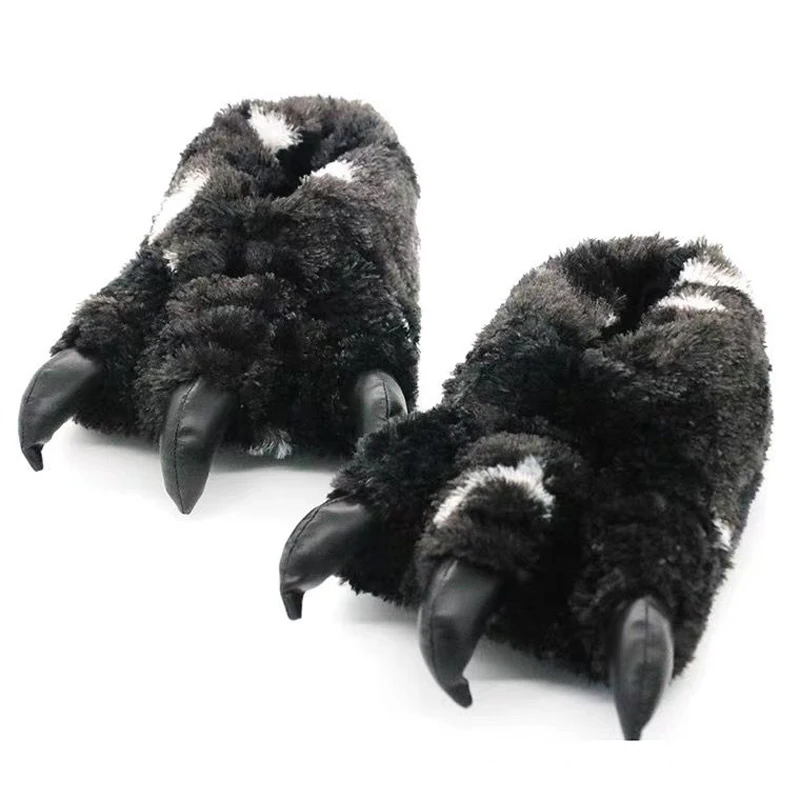 Men's And Women's Winter Rabbit Fur Paw Cotton Slippers Keep Warm And Funny Dinosaur Paw Slippers Cartoon Flat Home Cotton Shoes