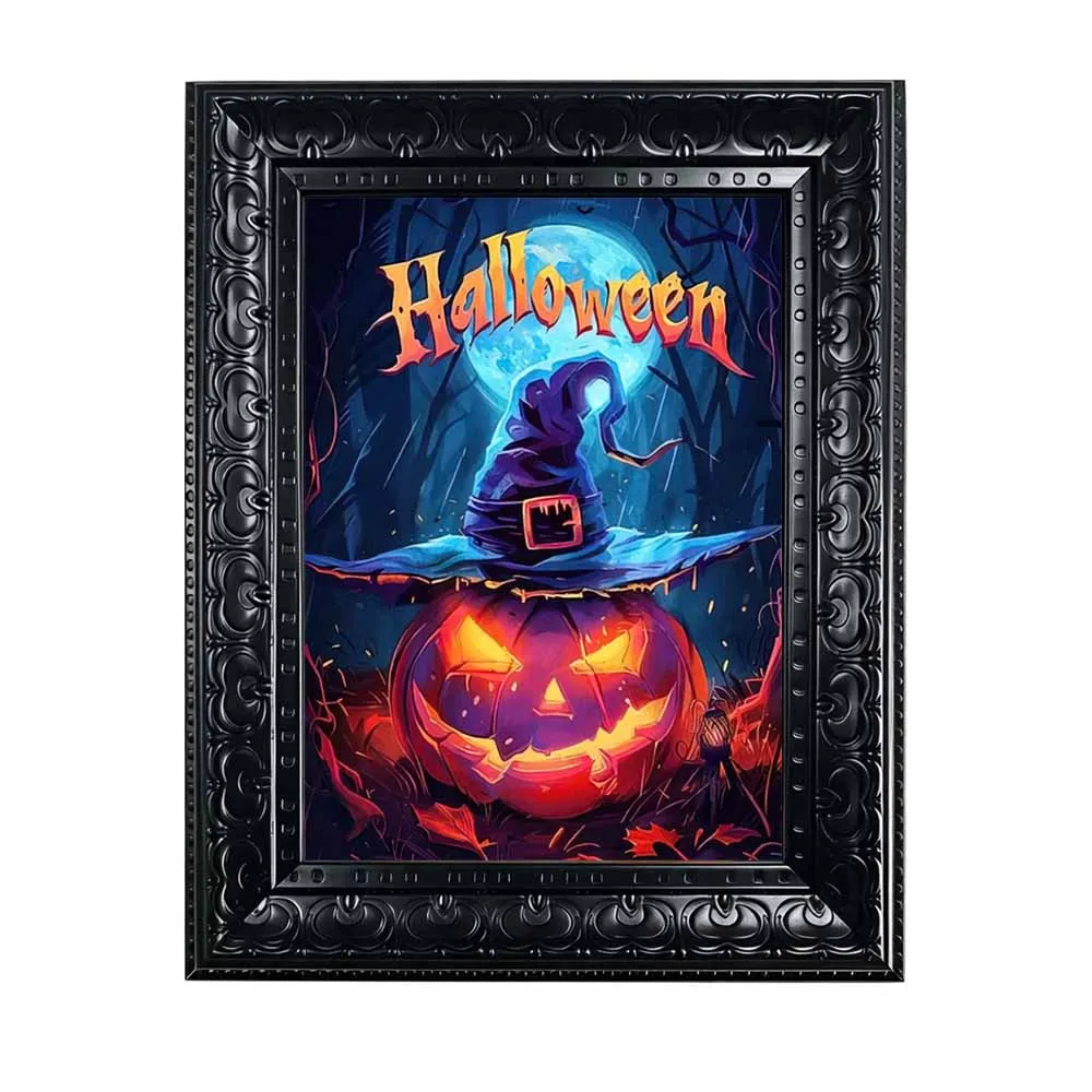 Framed Canvas Wall Art Halloween Jack‑o‑Lantern With Witch Hat Print, Spooky Pumpkin Moon Painting for Holiday Home Wall Decor