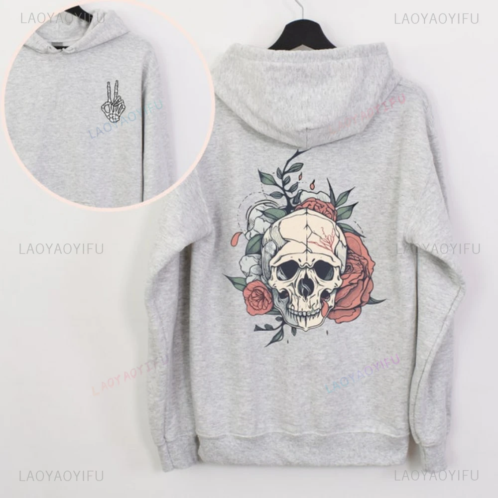 Horror Skeletons Skull Flower Two sided Hoodie Halloween Witchy Botanical Skeleton Fun Fall Aesthetic Sweatshirt for Emo Spooky