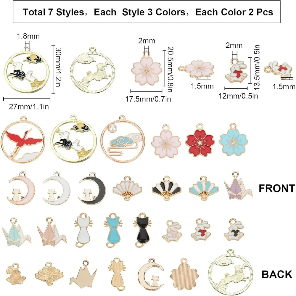 1 Box 42Pcs 21 Styles Assorted Colorful Enamel Alloy Pendant Charms Golden Plated Fan Sakura Flower Cat Flat Round Japanese