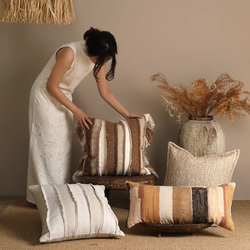 

Shangse Original Design Vintage Stripe Pillow Cushion Sofa Backrest Pillow Home Decor Mixed Fabric Square Rectangle Pillow