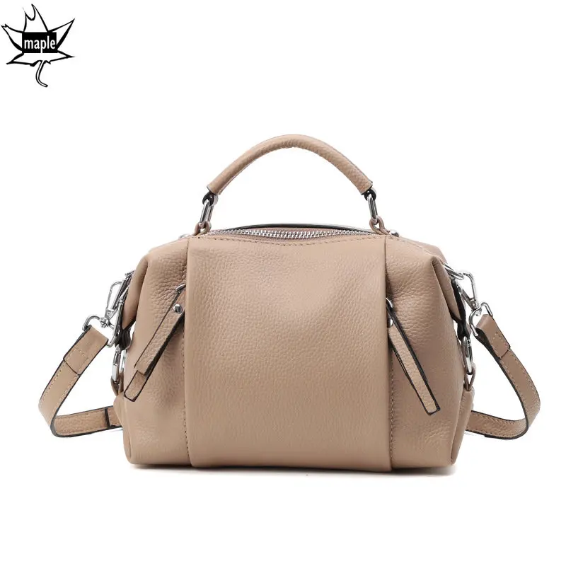 

New Retro Kakhi Women's Genuine Cow Leather Boston Bag Simple High Quality Tote Crossbody Bag Small Handbag Female Shoulder Bags