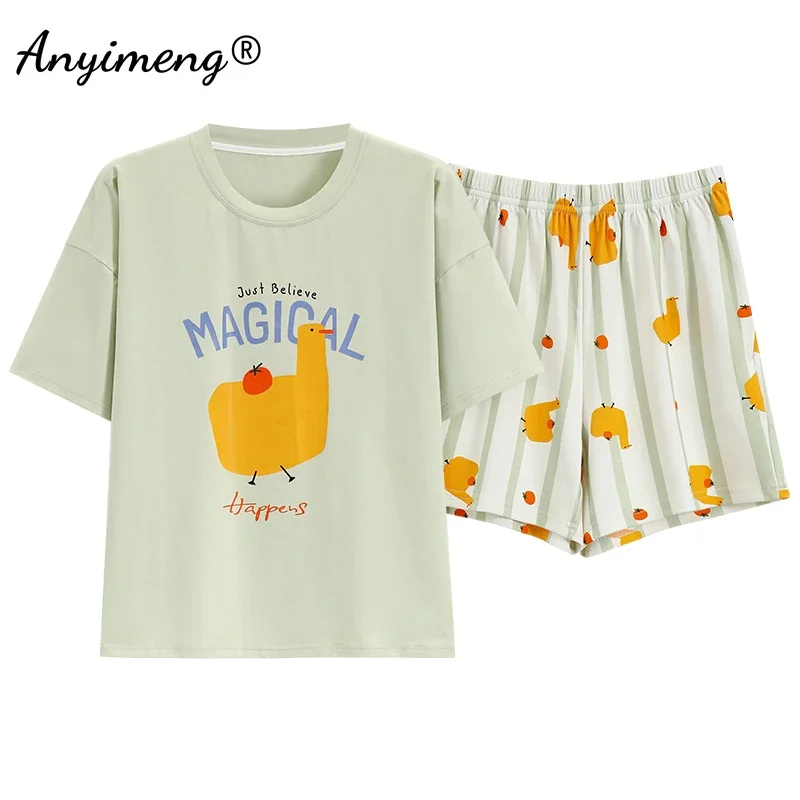 M-4XL 100% Pure Cotton Pajamas for Women Summer Cartoon Print Sleepwear Plus Size Girl Pijamas Short Sleeve Woman Loungewear